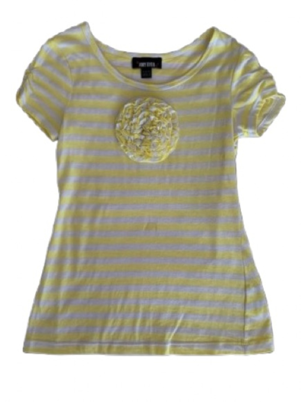 Amy Byer Shirt Girls M 8-10 Yellow White Striped 3D Ruffled Flower Short Sleeve